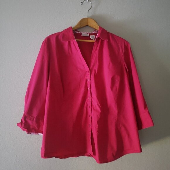 St Johns Bay Shirt Women’s Size Plus  2X Red Blouse 3/4 Sleeve Button Collar Top - Picture 1 of 9